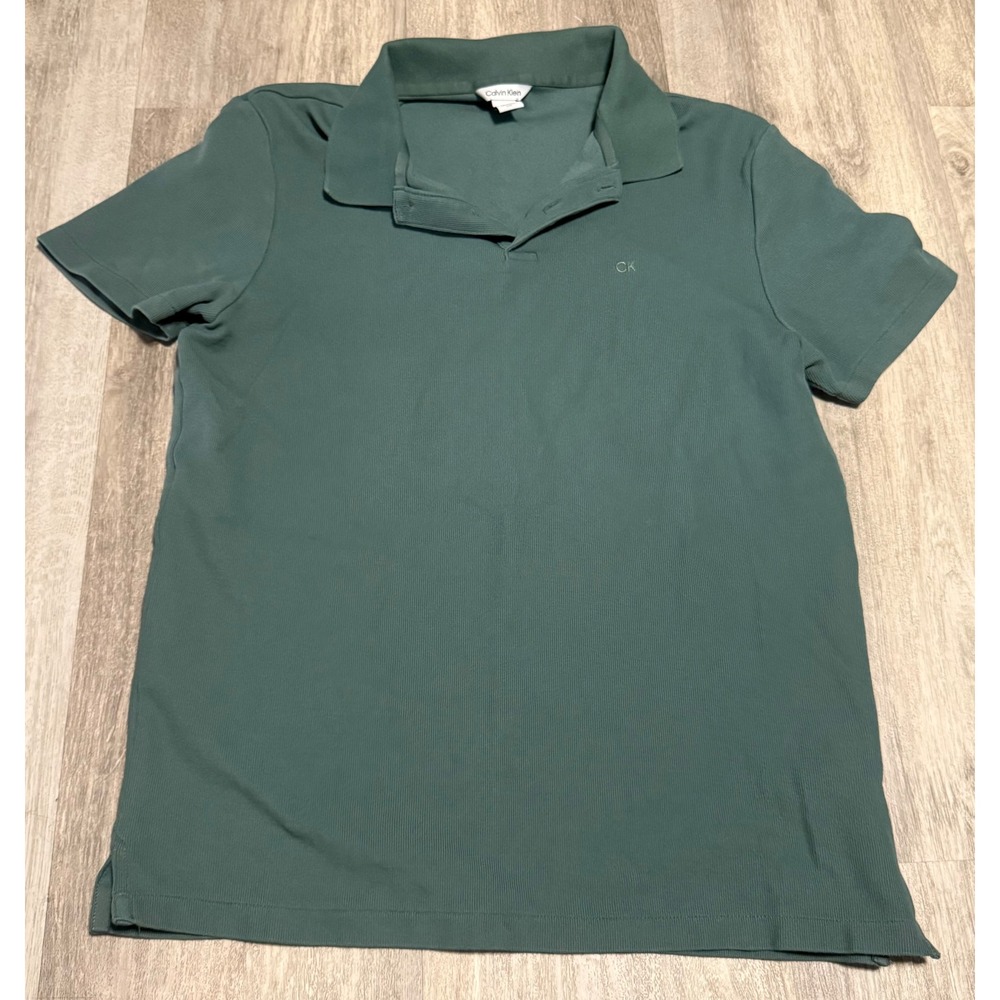 Calvin Klein Mens M Sage Green Short Sleeve Pique Polo Shirt CK Logo Stretch